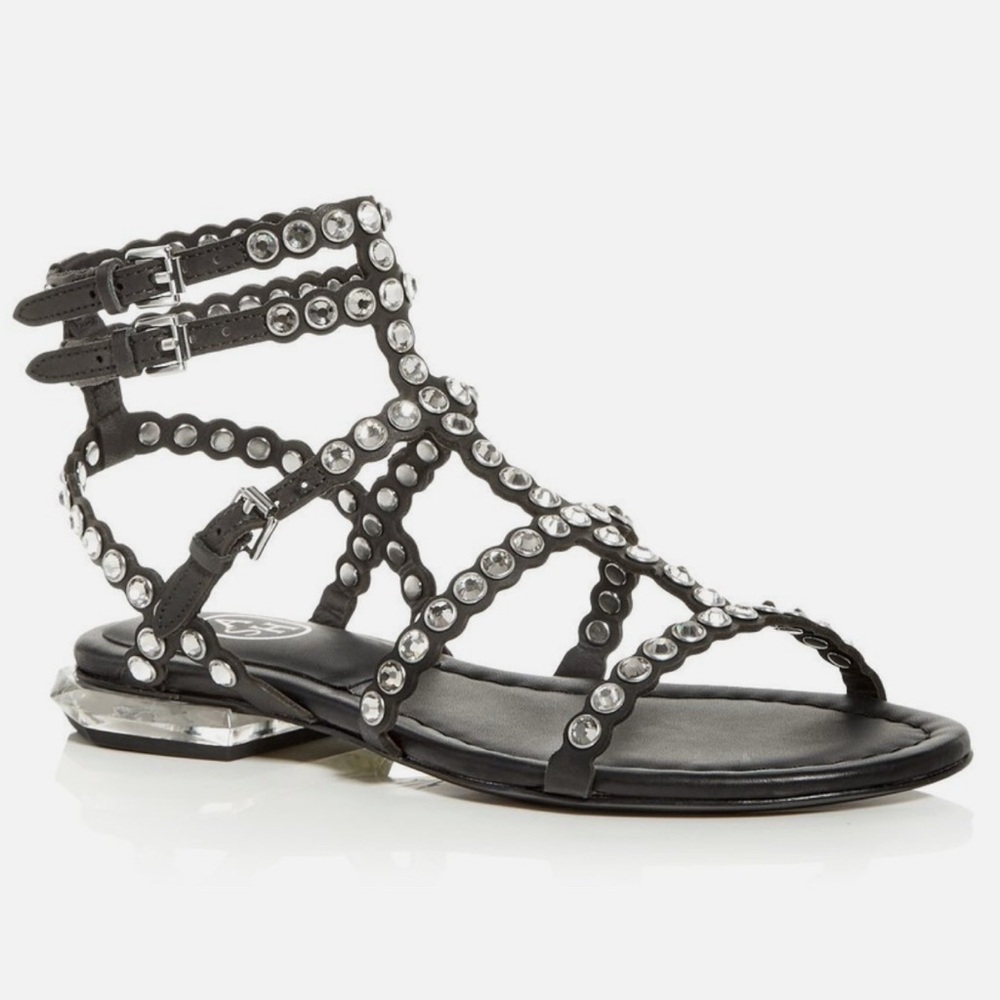 ASH Womens Black Jewel ‘Sasha’ Sculpted Heel Leather Gladiator Sandals, Size 37.
